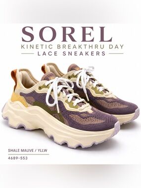 Sorel Kinetic Breakthru Day Lace Sneakers Shale Mauve Yellow Women’s Size 8